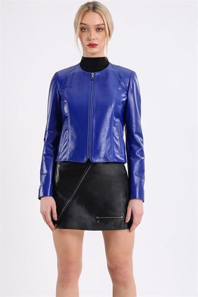 Veste en cuir bleu saphir