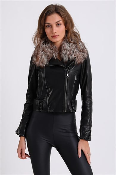 Veste en cuir noire Arjante avec garniture en fourrure de renard