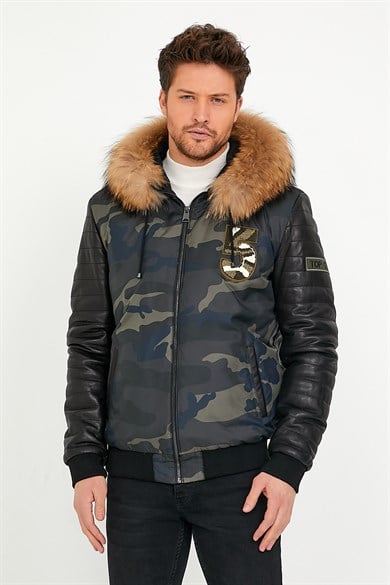 Manteau Military Top Gun en cuir noir avec détail en fourrure de renard Argante