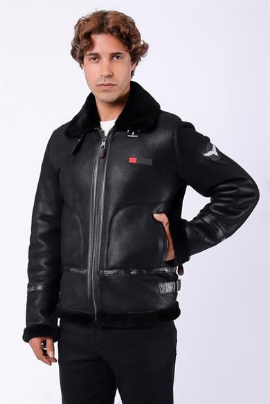 Manteau en cuir noir doublé fourrure aviateur