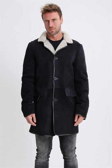 Manteau en daim et cuir noir et blanc doublé en fourrure d'agneau