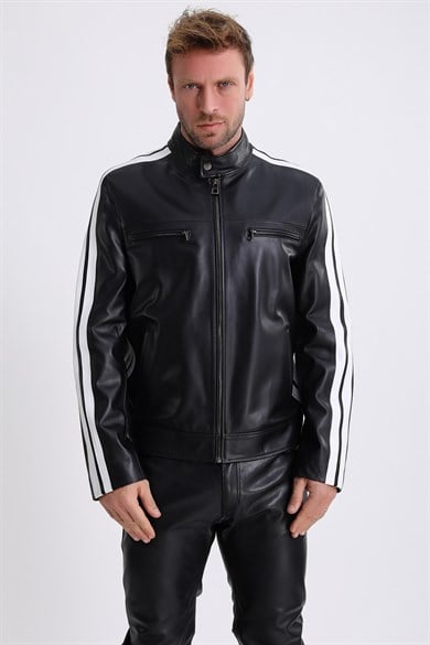 Veste en cuir noire avec détails à bandes noir et blanc