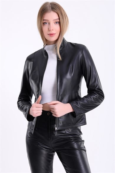 Veste en cuir noir réversible à motif