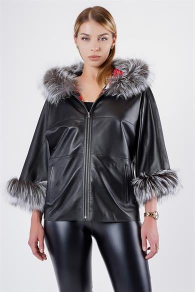 Veste en cuir noir réversible avec garniture fourrure