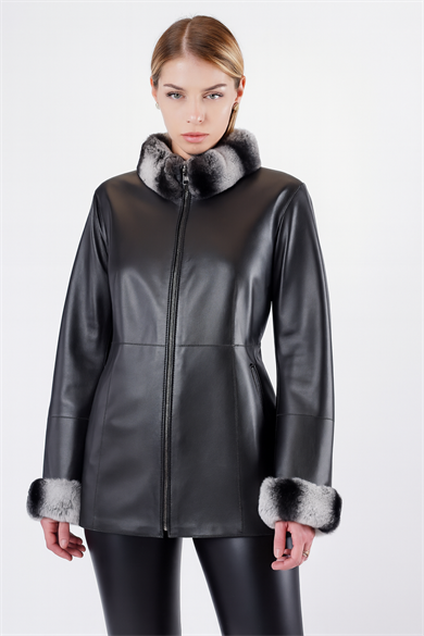 Veste en cuir noir réversible avec garniture fourrure Rex