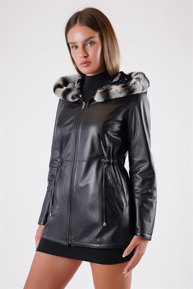 Veste en cuir noir réversible avec garniture fourrure Rex