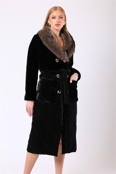 Manteau Diana en laine avec garniture de fourrure noir