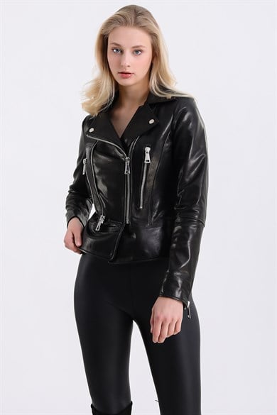 Veste croisée ajustée en cuir noire