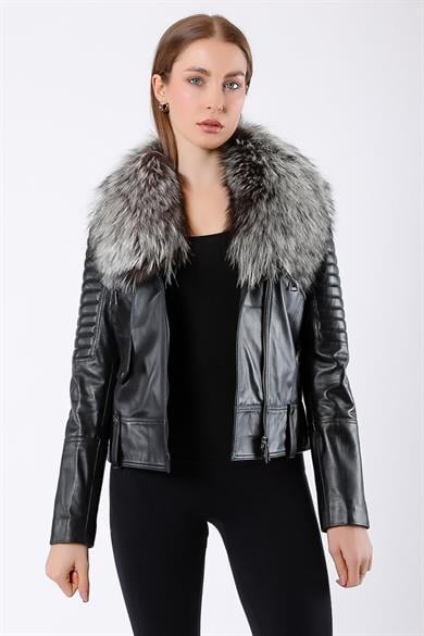 Veste en cuir avec garniture de fourrure de renard noir