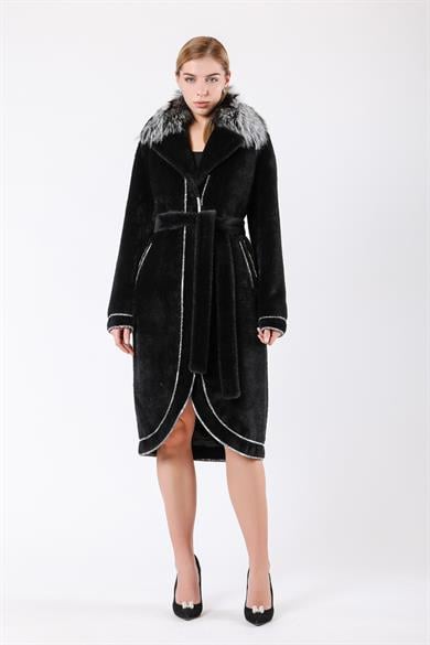 Manteau en laine noir avec détails en fourrure de renard et garniture en cuir