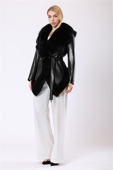 Manteau en cuir noir Gabriella avec détail fourrure