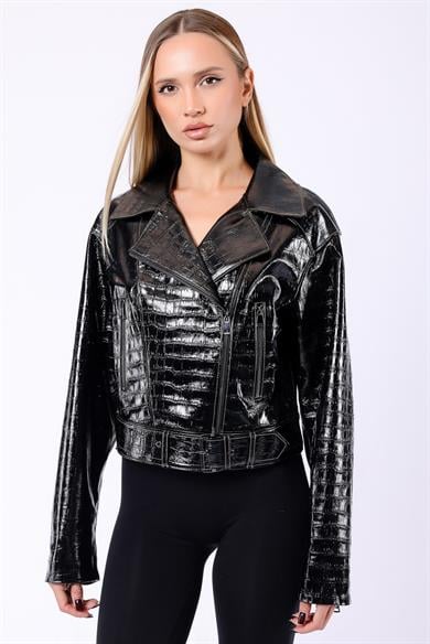 Veste en cuir noir Glam Croco