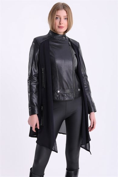 Veste en cuir noir Jumbo avec détail de soie