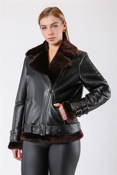 Manteau en cuir noir doublé de fourrure noir et marron