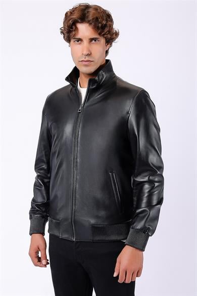 Veste college en cuir noir