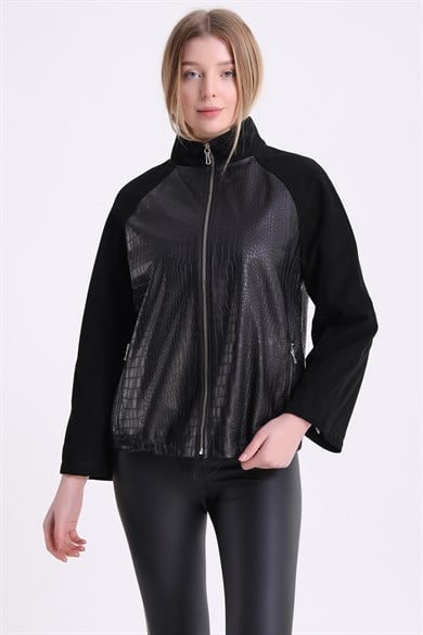Veste en daim noir à motif crocodile