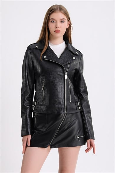 Veste biker croisée cuir noir avec effet crocodile