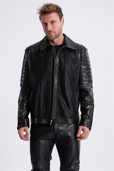 Veste en cuir végétal noir avec motif crocodile gaufré