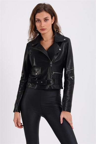 Veste biker croisée en cuir noire
