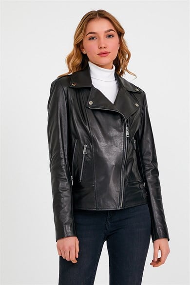 Veste en cuir noir Croisé