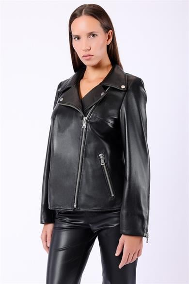 Veste en cuir noir Croisée