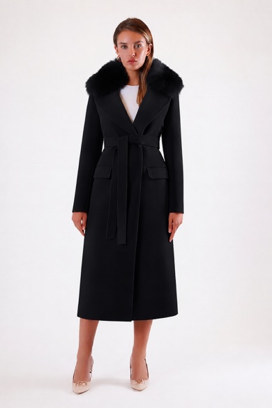 Manteau en cachemire noir avec fioritures en fourrure