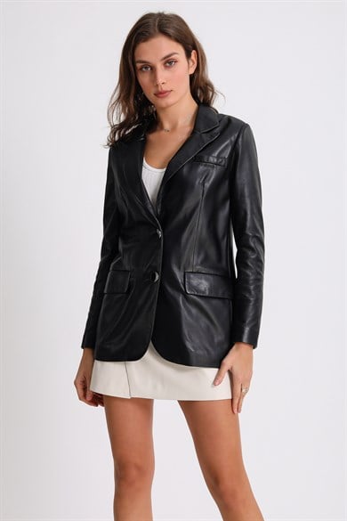 Veste blazer en peau d'agneau noire