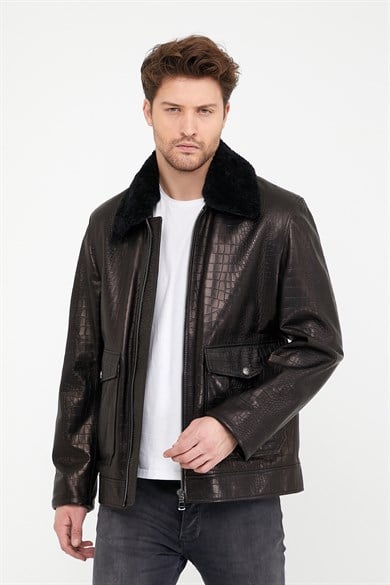 Veste en cuir noir avec fourrure d'agneau et imprimé crocodile