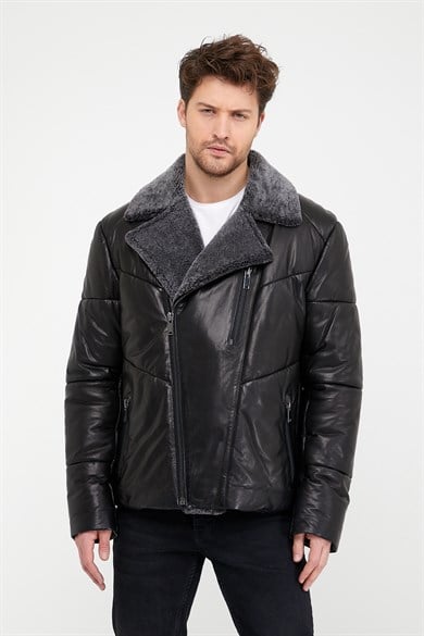 Veste en cuir noir avec détail en fourrure de mouton
