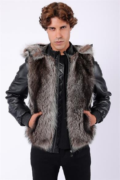 Manteau en cuir noir avec garniture fourrure de renard naturelle