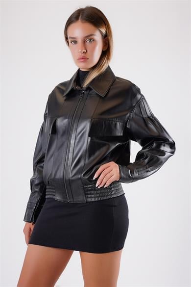 Veste bombers en cuir noir oversize
