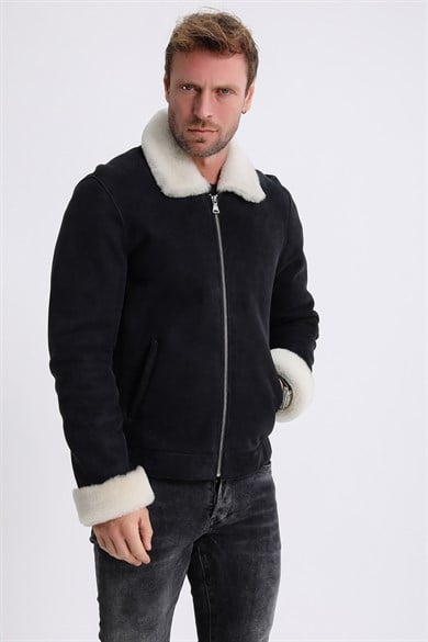 Veste Pilot en daim noir avec garniture de fourrure