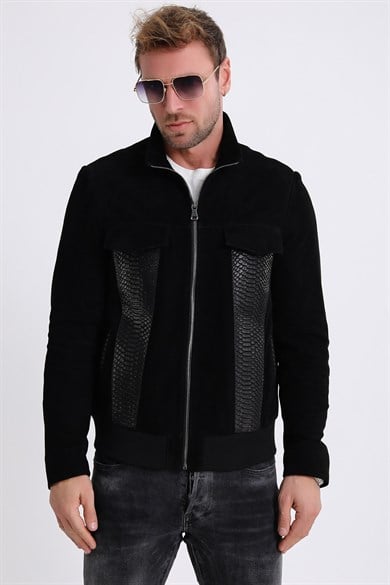 Veste en daim noir avec garniture de cuir de python