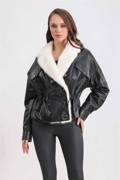 Veste en cuir noir avec garniture en fourrure de vison