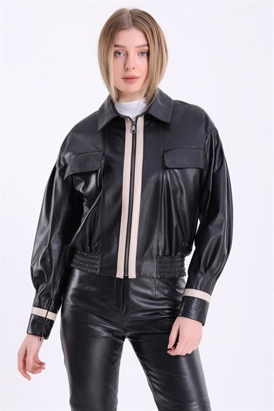 Veste en cuir style bomber noir avec détail de ruban
