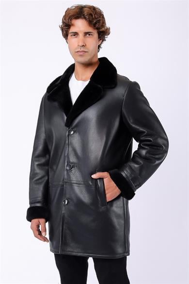 Manteau en cuir noir doublé fourrure silky