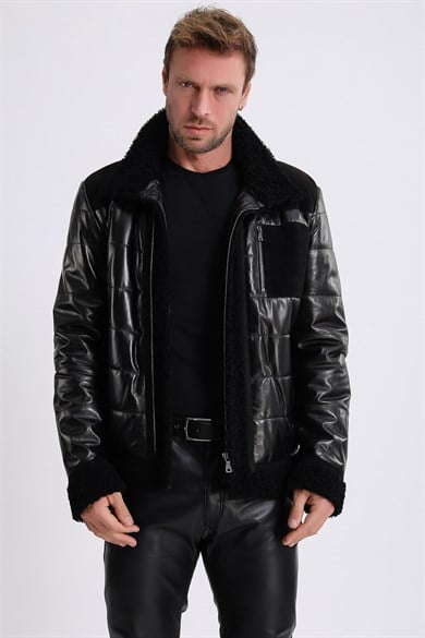 Manteau en cuir noir avec garniture en fourrure Tigrado