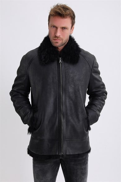Manteau en cuir noir doublé en fourrure Tigrado