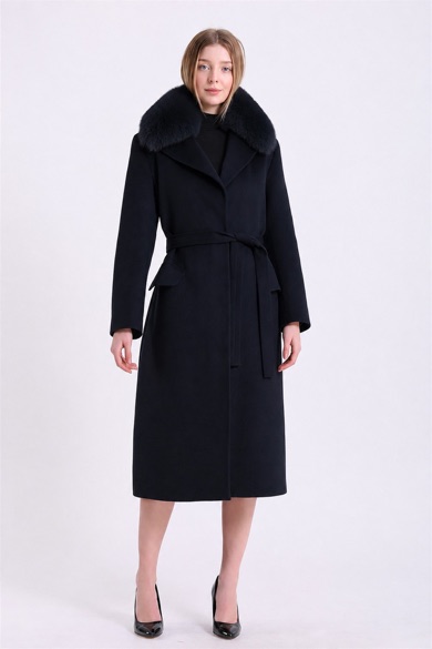 Manteau en cachemire noir avec fitures en renard