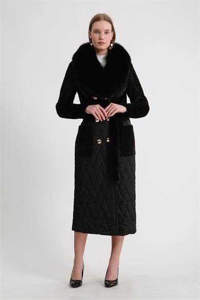 Manteau en laine noir avec détails en fourrure de renard