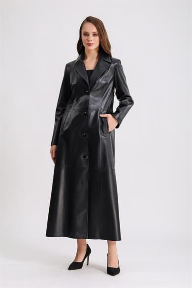 Manteau long en cuir noir