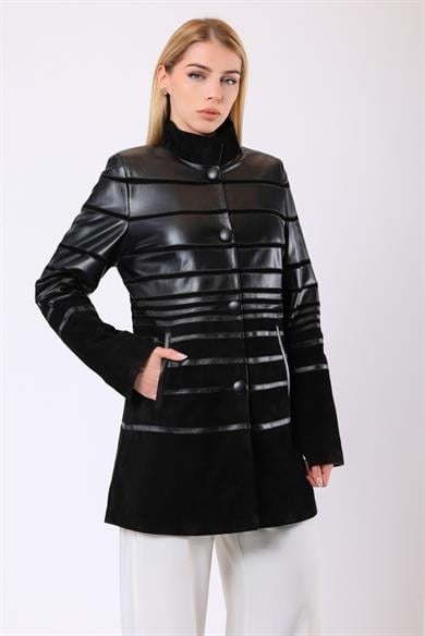 Manteau en daim noir Vivien avec détail ruban
