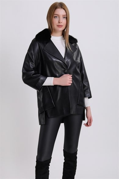 Veste en cuir à finitions fourrure de vison noir