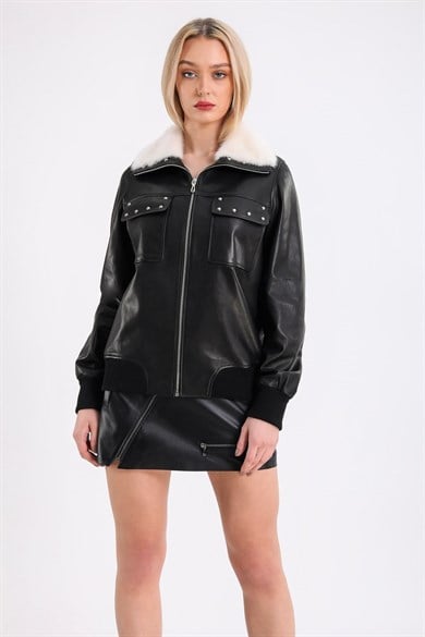 Veste en cuir noir avec détails vison et broderie