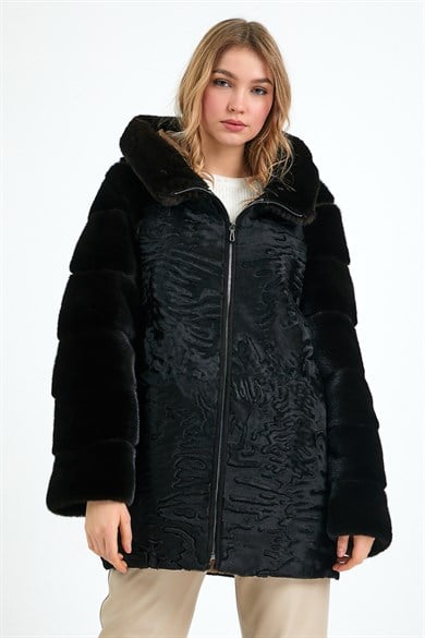 Manteau Swakara noir avec garniture de fourrure de vison