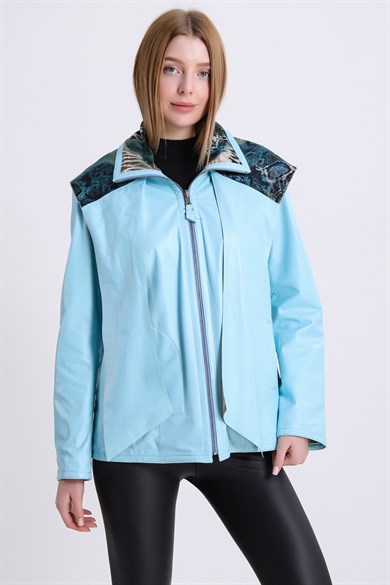 Veste en cuir bleu clair réversible