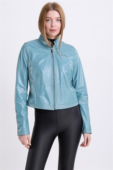 Veste en cuir bleu azur