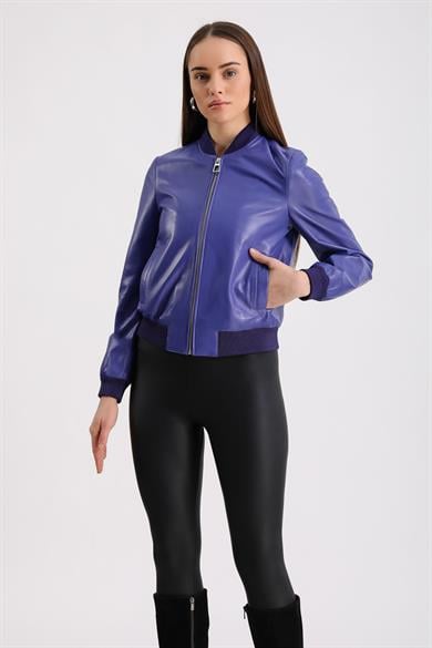 Veste bomber en cuir violet lilas