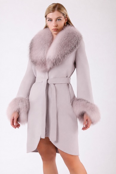 Manteau en cachemire gris pierre avec garniture en fourrure de renard