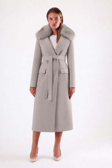 Manteau en cachemire gris pierre avec fioritures en fourrure